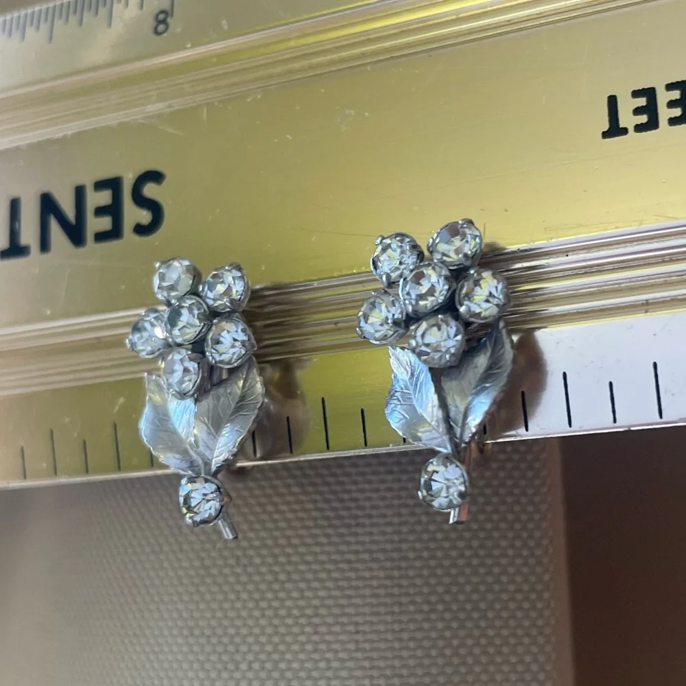 Vintage Silver Flower Crystal Clip-On Earrings